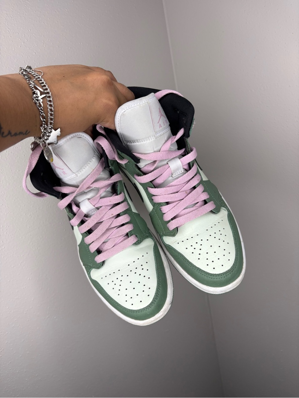 Jordan High-Top Sneakers in Green, Pink and White